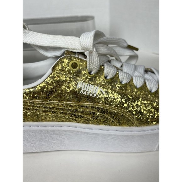 Puma Women's Basket Platform Gold Glitter Sneakers 364093-02 Size 7 - Picture 7 of 9